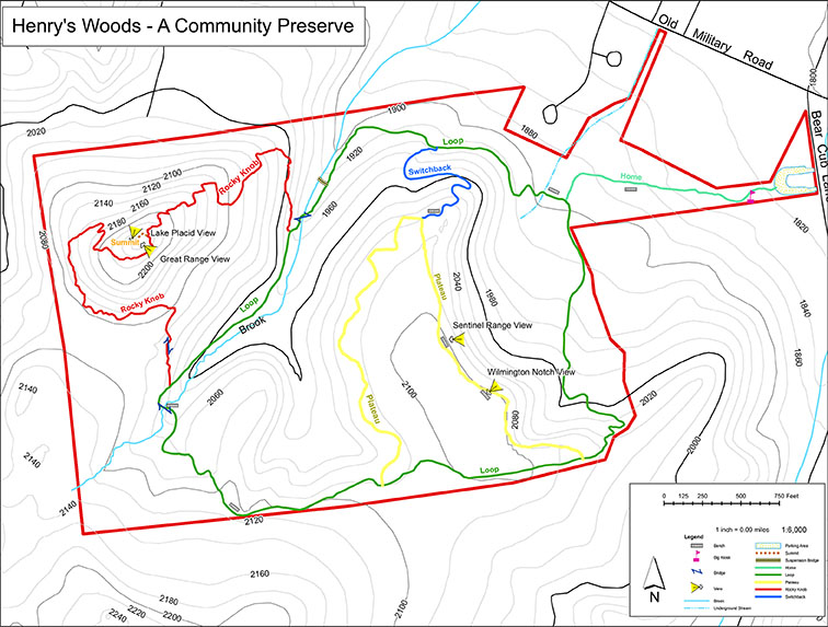 Adirondack Nature Trails: Henry's Woods Trail Map. Map provided by Henry II and Mildred A. Uihlein Foundation, 302 Bear Cub Lane, Lake Placid, NY 12946. Used by permission. Adirondack Nature Trails: Henry's Woods Trail Map. Map provided by Henry II and Mildred A. Uihlein Foundation, 302 Bear Cub Lane, Lake Placid, NY 12946. Used by permission.